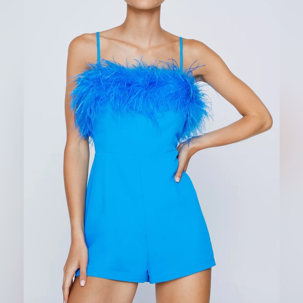 Nasty Gal Blue Feather Trim Romper